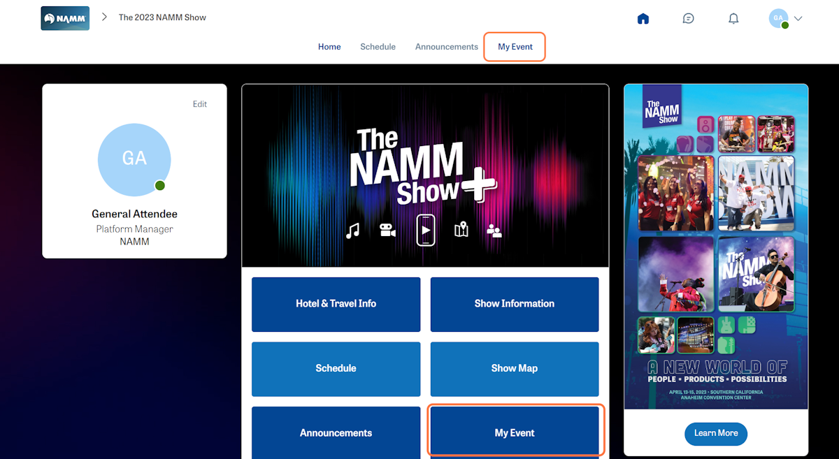 Click on 'My Event' on the top navigation or use the center button.